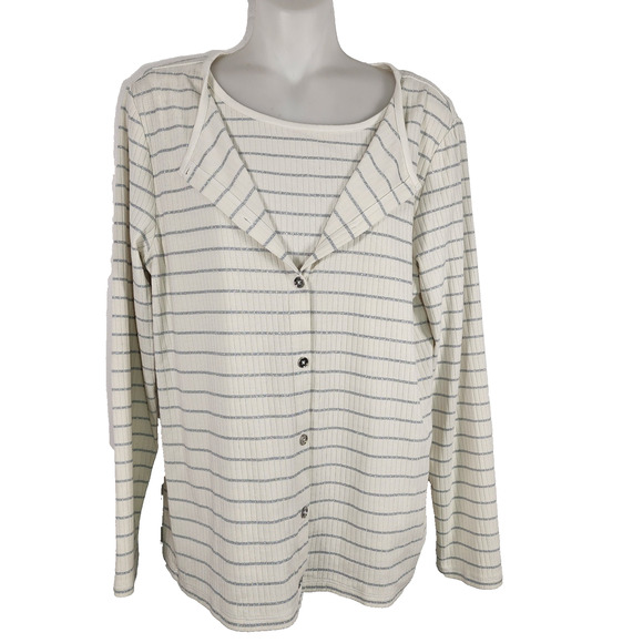 Talbots Womens 2 Pc Cardigan Tank Top Large Knit Ribbed Button Striped Metallic - Picture 1 of 12
